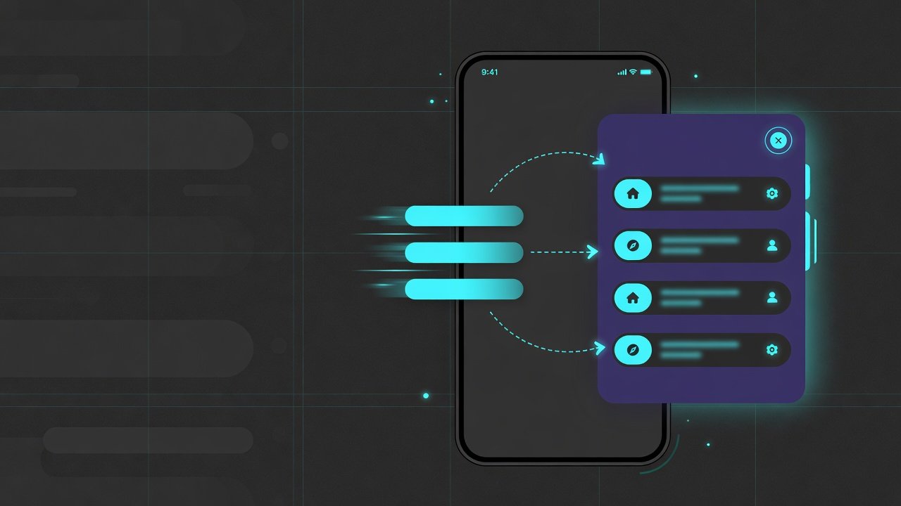 Abstract modern website navigation UI with navbar and dropdown panels