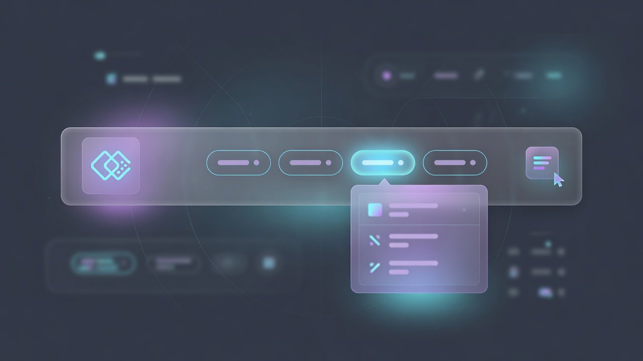 Abstract illustration of a multi-column mega menu panel under a website header
