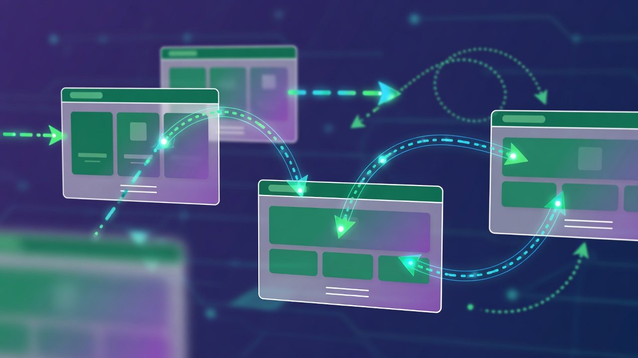 Abstract illustration of URL paths and redirect arrows between web pages