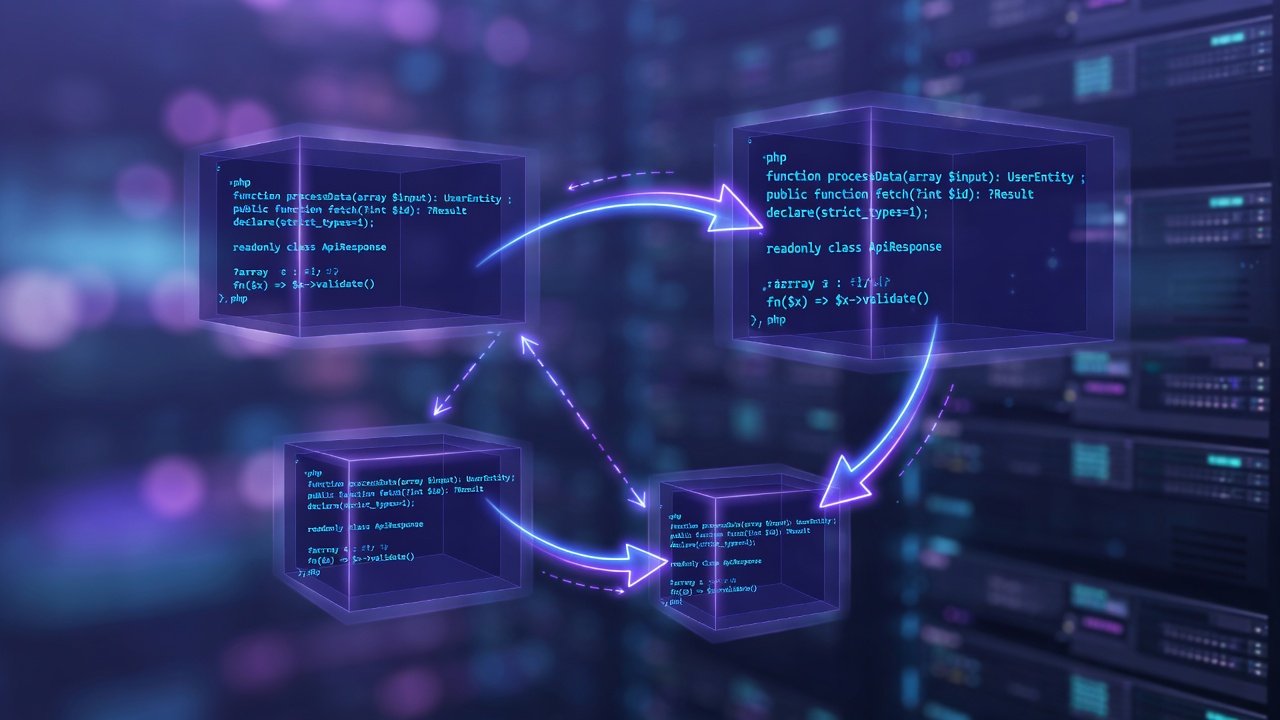 Abstract typed PHP code blocks connected with neon arrows